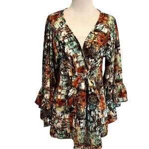 Betsey Johnson Abstract Art Wrap Top Womens Large Tie Front Flare Bell Sleeve